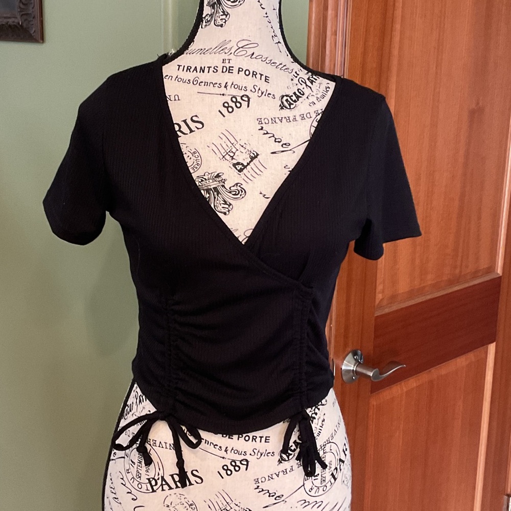 Heart Hips Black Ruched Wrap Crop Top with Side Ties, Size M